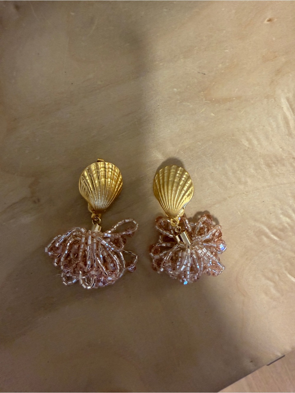 Gold Shell Drop Earrings with Blush Bead Tassel - Picture 4 of 4